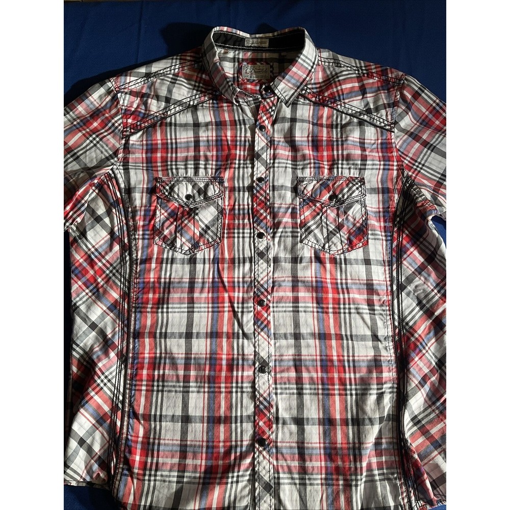 7 Diamonds Short Sleeve Button Shirt Men's Size XL Red White Plaid - Vintage